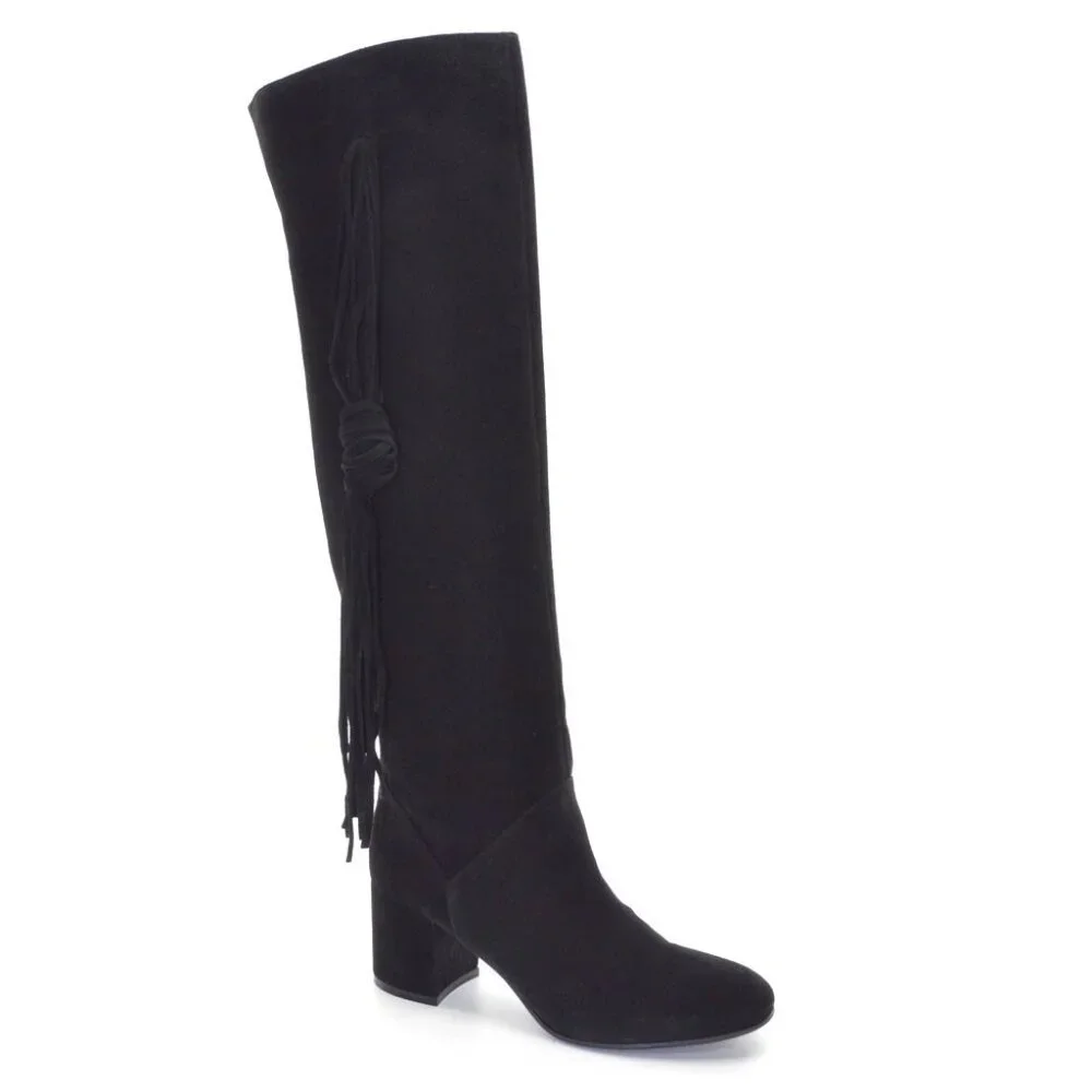 Diane B. Black Suede Fringe Over the Knee Boots 37 New